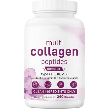 Multi Collagen Peptides Capsules – 240-Count Types I, II, III, V and X with Biotin, Vitamin C and Hyaluronic Acid