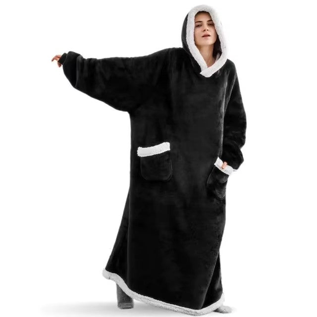 Giant Wearable Blanket Hoodie – 180cm Oversized Flannel Pajamas with Sleeves and Hood for Men and Women, Warm Winter Loungewear