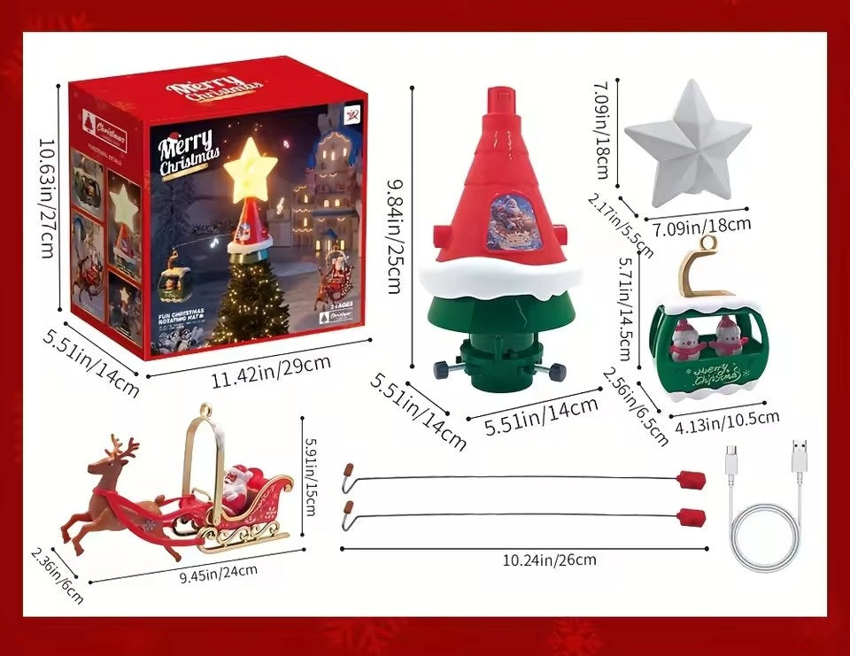 Rotating Christmas Tree Top Hat Ornament – Musical LED Santa Sled Topper with Type-C Power, Perfect 2026 Holiday Decoration for Kids & Adults