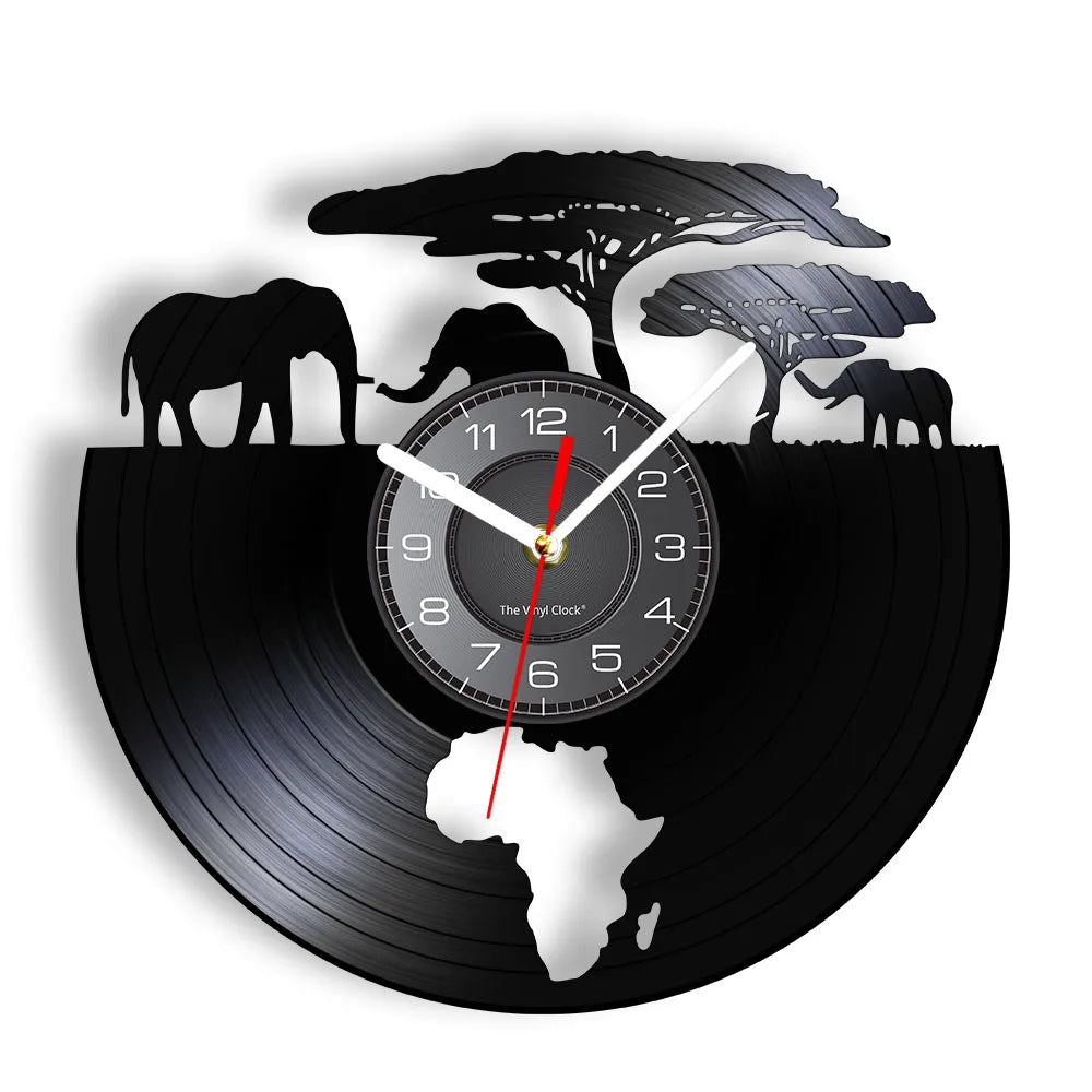 African Elephants Laser Cut Vinyl Record Wall Clock – Wildlife Habitat Map of Africa Retro LP Wall Art Decor for Living Room Statement Display.