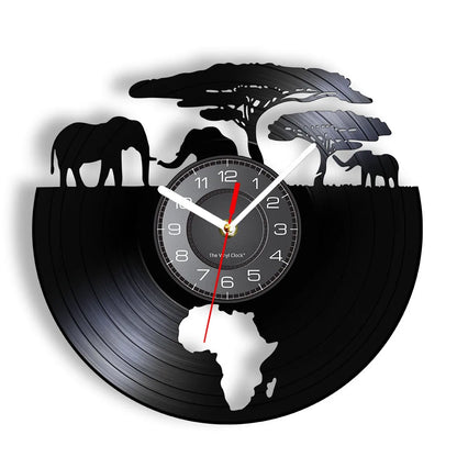 African Elephants Laser Cut Vinyl Record Wall Clock – Wildlife Habitat Map of Africa Retro LP Wall Art Decor for Living Room Statement Display.