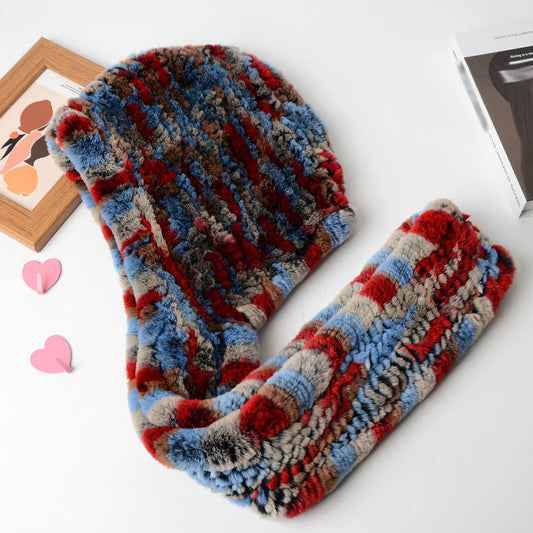 Women's Rex Rabbit Fur Hat Scarf - Luxury Winter Hooded Knit Set for Ultimate Warmth and Elegant Fashion