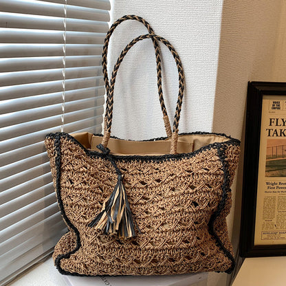 Boho Woven Straw Beach Tote Bag – Rattan Summer Handbag with Tassel Handles for Vacation and Daily Chic Looks
