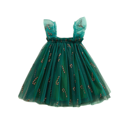 Girls’ Princess Mesh Tulle Dress–Sleeveless Candy Cane or Plaid Print Christmas Outfit for Toddlers, Infants & Holiday Parties