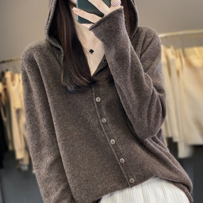 Women Cashmere Hooded Cardigan- Seamless Wool Knit Sweater with Loose Fit Design, Cozy Autumn Winter Outerwear for Elegant Casual Fashion
