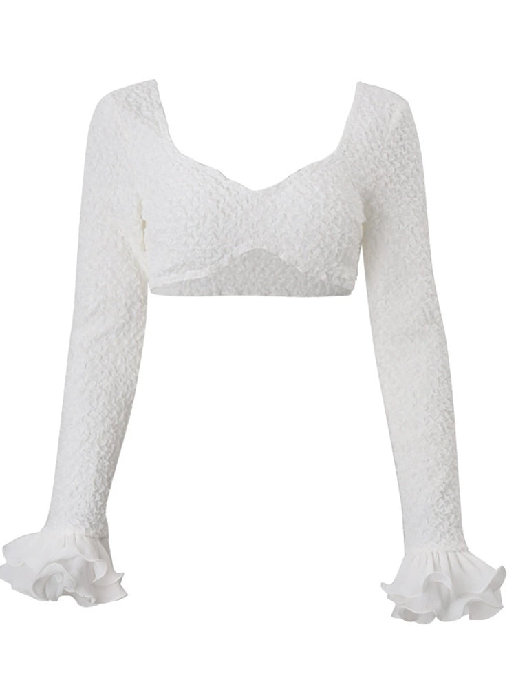 Ruffle Two-Piece Skirt Set – Sexy Low-Neck White Long-Sleeve Top and Mini Skirt for Slim Summer Party and Elegant Fashion Looks