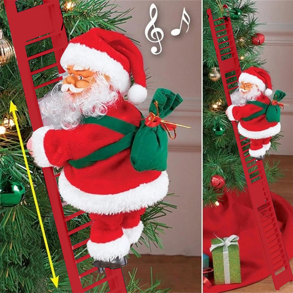 Electric Climbing Ladder Santa Claus - Musical LED Light Christmas Decor Ornament for Trees, Festive Hanging Holiday Decoration for Home & Party Displays