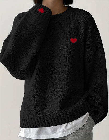 Women's Red Heart Knit Sweater – Long Sleeve Embroidered Pullover Top for Autumn Spring Casual Wear, Couples and Valentine's Gifts