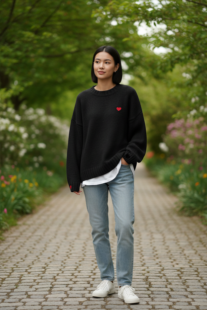 Women's Red Heart Knit Sweater – Long Sleeve Embroidered Pullover Top for Autumn Spring Casual Wear, Couples and Valentine's Gifts