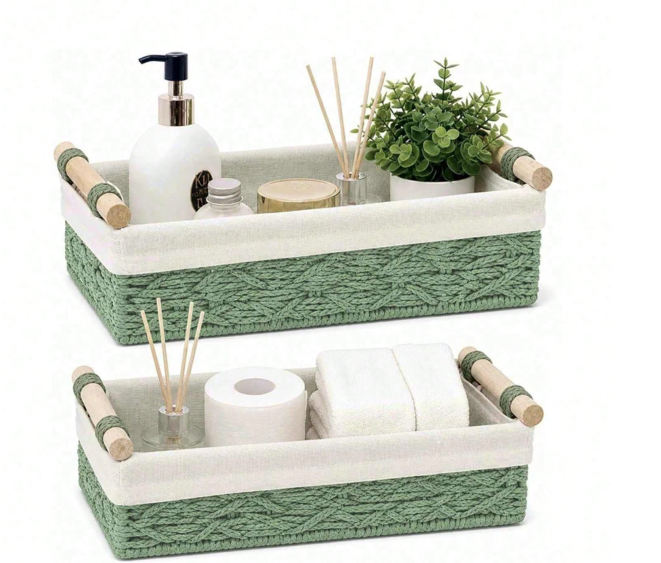 Wicker Storage Baskets – Decorative Organizer Bins with Handles for Bathroom, Countertop and Home Storage Solutions