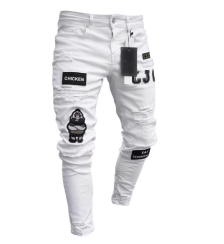 Stretch Cotton Men's Ripped Skinny Jeans - Slim Fit Denim Pants with Distressed Holes, Casual Hip Hop Streetwear Trousers for Daily Wear