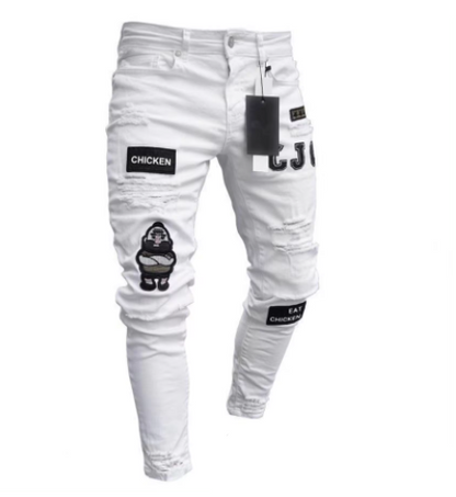 Stretch Cotton Men's Ripped Skinny Jeans - Slim Fit Denim Pants with Distressed Holes, Casual Hip Hop Streetwear Trousers for Daily Wear