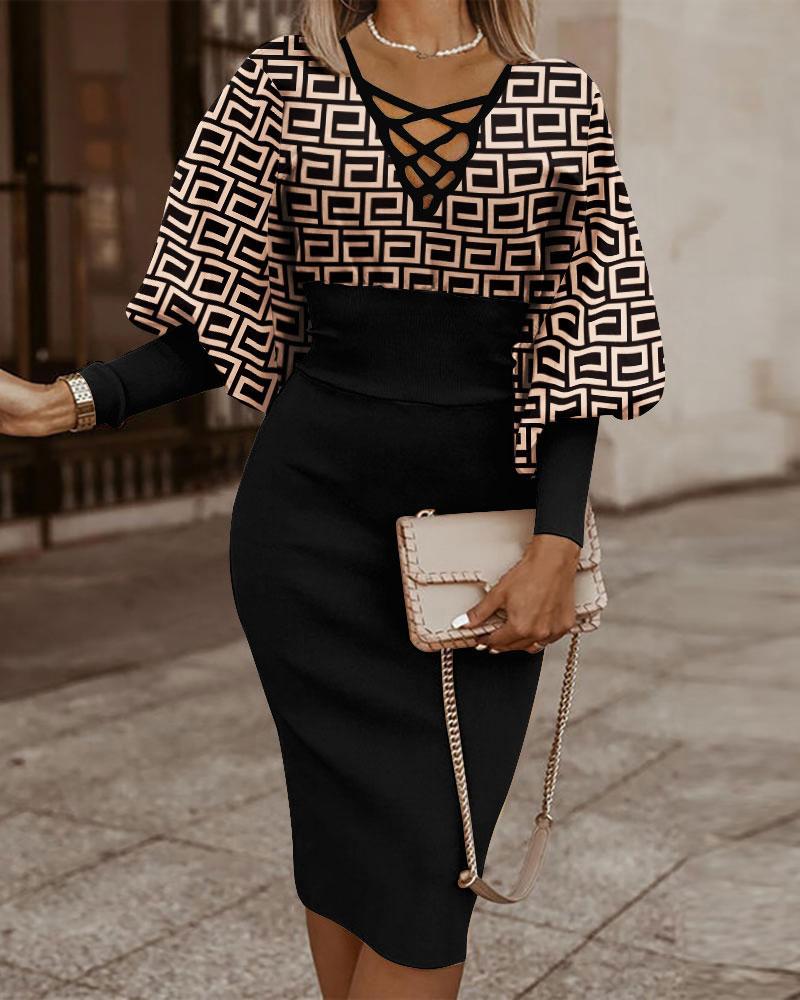 Women Maze Print Party Dress - Elegant Long Sleeve Slim Fit V Neck Dress with Hollow Out Detail for Clubwear Fashion