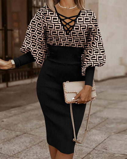 Women Maze Print Party Dress - Elegant Long Sleeve Slim Fit V Neck Dress with Hollow Out Detail for Clubwear Fashion