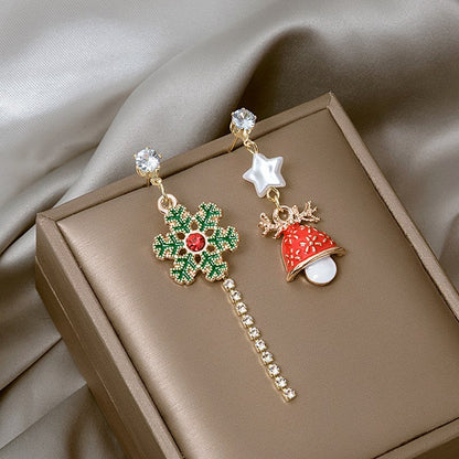 Red Ball Asymmetric Christmas Stud Earrings – Snowflake, Bell & Deer Zircon Holiday Jewelry for Women and Girls, Perfect Christmas & New Year Gift