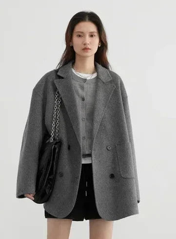 Women’s Woolen Coat – Loose Double Breasted Retro Jacket with Double-Sided Design for Elegant Office Style, Autumn Winter Fashion and Daily Wear