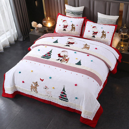 Christmas Handmade Patchwork Quilt Set – 3-Piece Lightweight Kids’ Bedspread with Applique Design, Holiday Comforter with Pillowcase