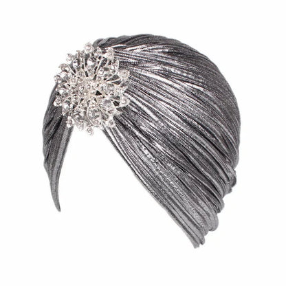 Luxury Jewel Turban Hat for Women – Gold and Silver Diamond Pleated Headwear for Chemo, Hijab, and Elegant Cultural Styling