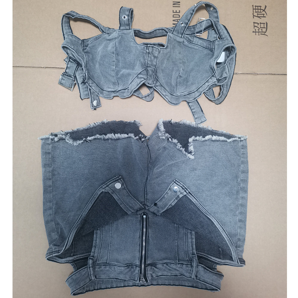 Women's Sexy Denim Two Piece Set - Crop Top and Cut Out Shorts Outfit, Trendy Summer Clubwear Streetwear Fashion Set