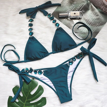 Crystal Diamond Chain Bikini Set – Shiny Push-Up Swimwear for Women, Sexy 6-Color Options, Elegant Sparkling Beachwear Design