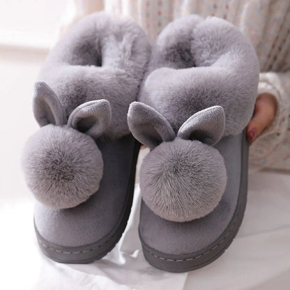 Women’s Winter Furry Rabbit Ear Home Boots – Warm Indoor Flat-Heel Slippers for Bedroom Comfort, Cozy Ankle Fur Footwear for Cold Seasons