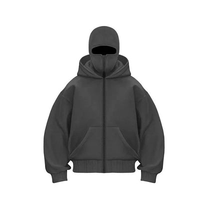 Unisex Windproof Double Hood Sweatshirt – Full Zip Loose Streetwear Coat for Autumn Winter, Casual Layering and Cold Weather Protection