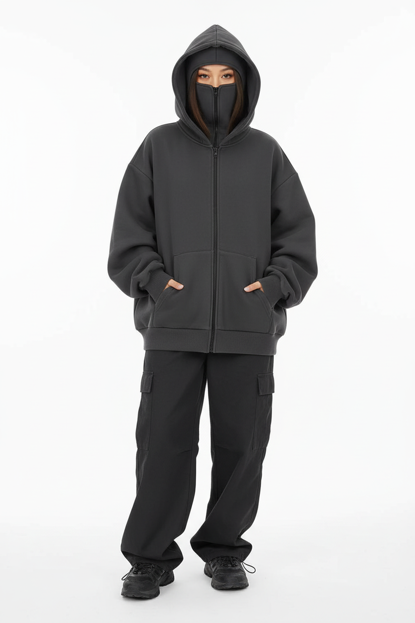 Unisex Windproof Double Hood Sweatshirt – Full Zip Loose Streetwear Coat for Autumn Winter, Casual Layering and Cold Weather Protection