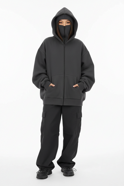 Unisex Windproof Double Hood Sweatshirt – Full Zip Loose Streetwear Coat for Autumn Winter, Casual Layering and Cold Weather Protection