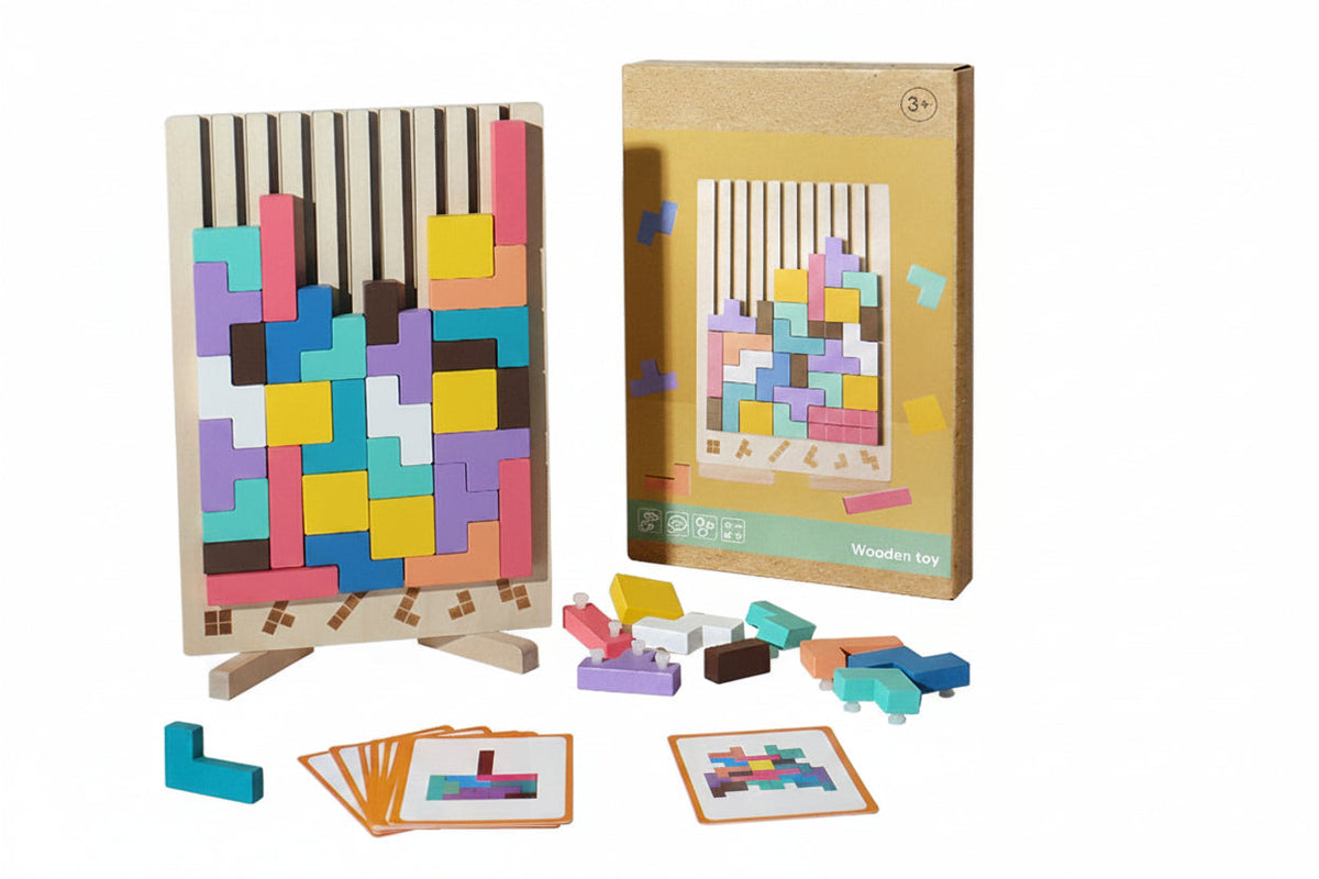 Wooden Russian Block Puzzle - Montessori Brain Teaser Tangram Toy for Logic Development and Educational Play
