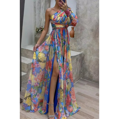 Off Shoulder Slit Dress Women - Long Sleeve Waist Tie Holiday Party Dress, Elegant Printed Fashion Outfit for Evening and Casual Wear