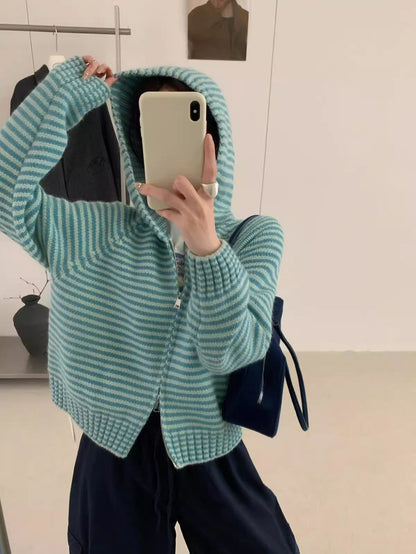 Retro Striped Knit Cardigan – Women's Zip Up Hooded Sweater with Loose Fit, Short Coat Design and Korean Autumn Winter Style