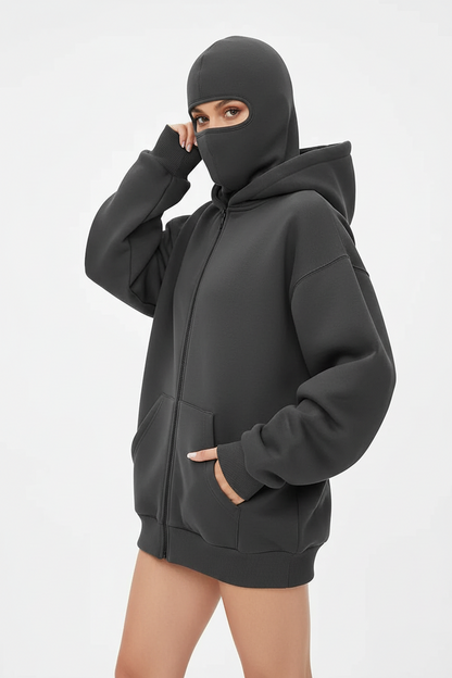 Unisex Windproof Double Hood Sweatshirt – Full Zip Loose Streetwear Coat for Autumn Winter, Casual Layering and Cold Weather Protection
