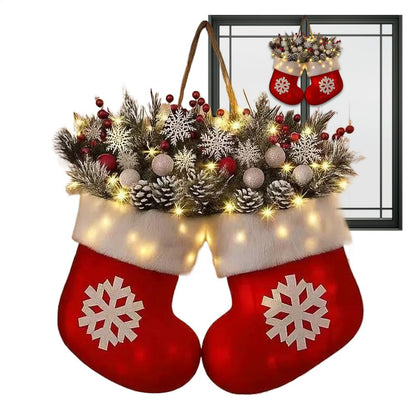 Outdoor Christmas Wreath with LED Lights – Artificial Front Door Mitten Garland with Pine Cones & Red Berries for Holiday & Winter Home Décor