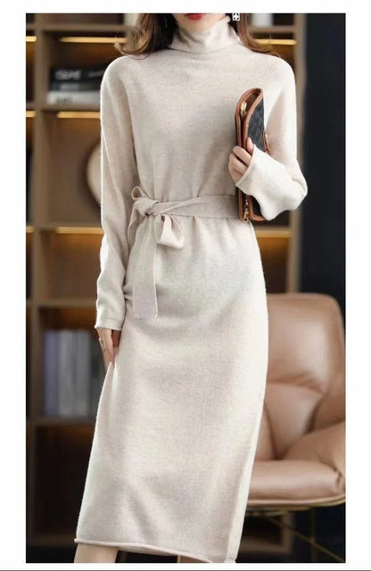 Purple Cashmere Sweater Dress- Women Slim Fit Knee Length Knit Dress for Autumn Winter Elegant Warm Fashion Styling