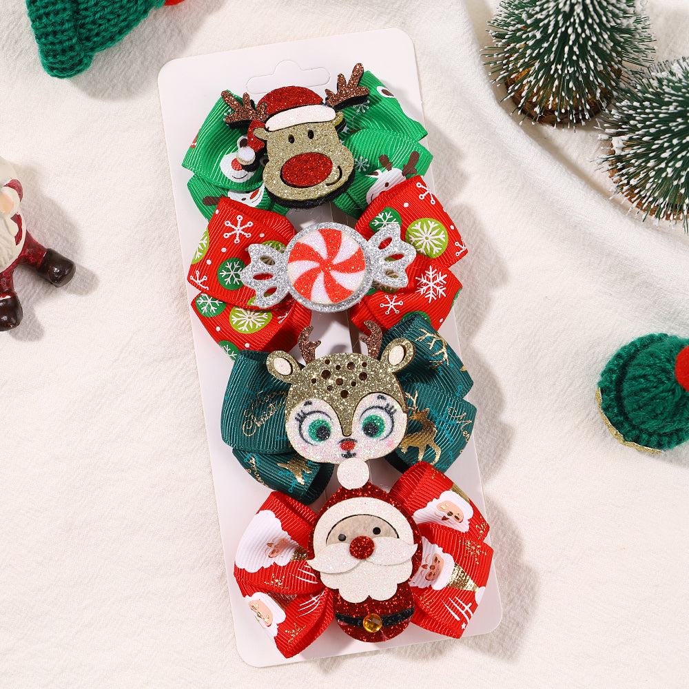 Girls Christmas Hair Clip Set - 4-Piece Santa and Deer Sparkly Hairpins, Cute Holiday Accessories for Kidsâ€™ Parties and Festive Outfits