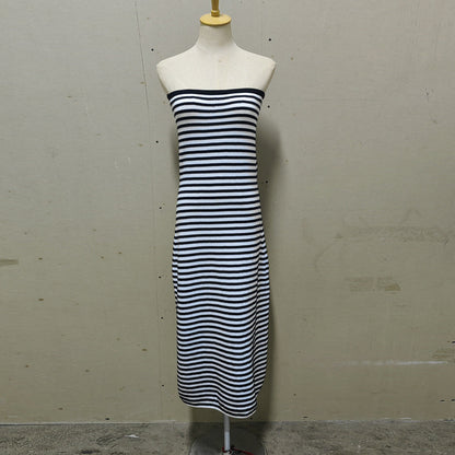 Striped Knit Strapless Maxi Dress – Sexy Backless A-Line Summer Gown for Women, Holiday Parties, Vacations and Chic Streetwear Styling
