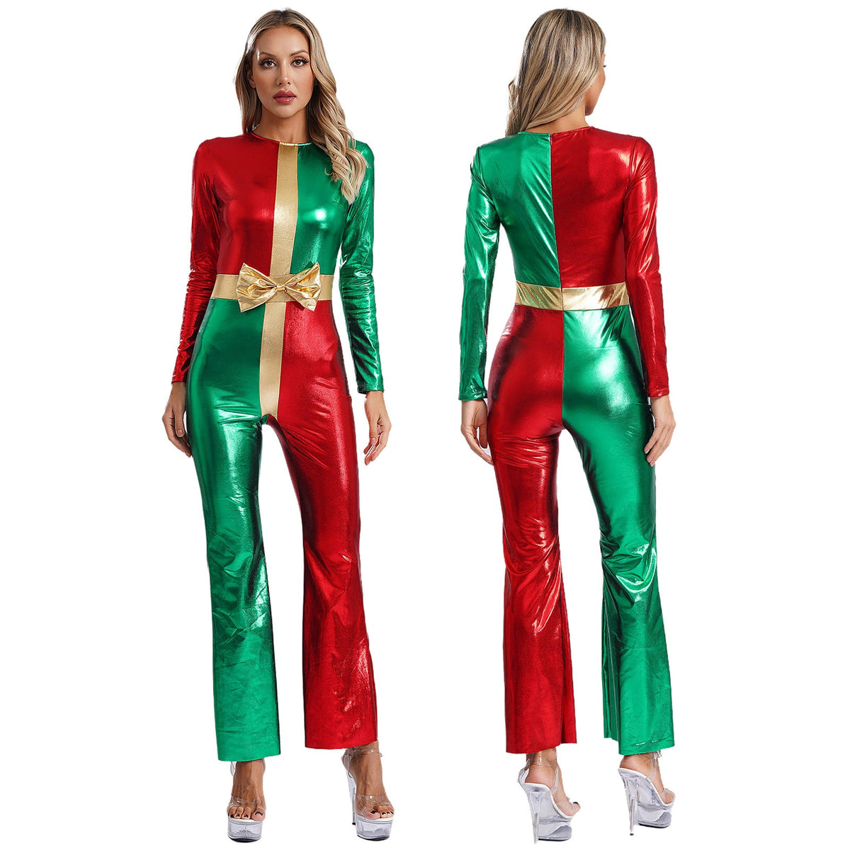 Women’s Christmas Cosplay Bodysuit – Metallic Long-Sleeve Santa Jumpsuit with Bell Bottoms, Party Dance Costume for Holiday Festive Events