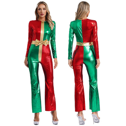 Women’s Christmas Cosplay Bodysuit – Metallic Long-Sleeve Santa Jumpsuit with Bell Bottoms, Party Dance Costume for Holiday Festive Events
