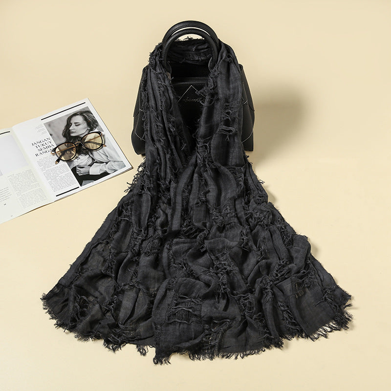 Vintage Ripped Punk Scarf – Distressed Tassel Cotton Linen Shawl for Y2K, Techwear, Tactical & Edgy Streetwear Fashion