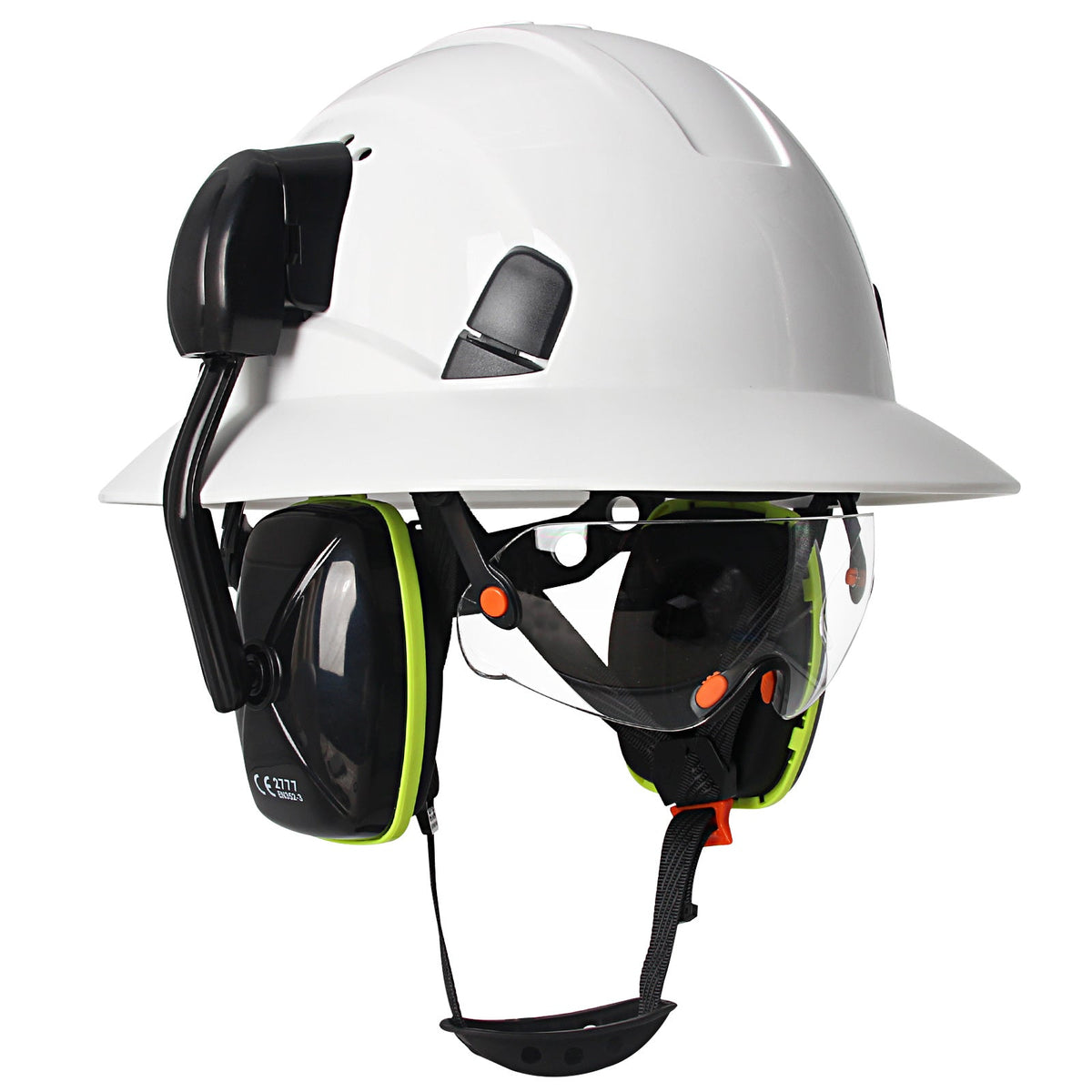 Full Brim Hard Hat with Built-In Eye Shield & Earmuffs – Vented HDPE Safety Helmet, ANSI Z89.1 Type I Class C