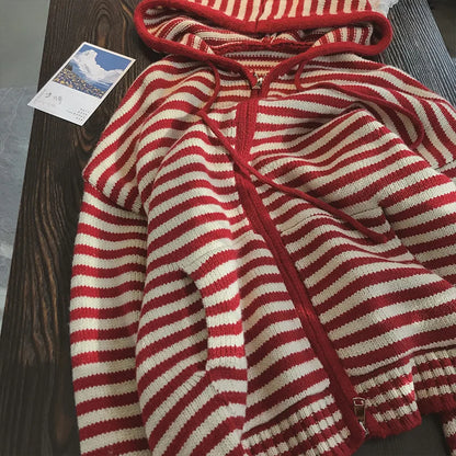 Stripe Hooded Knit Cardigan - Women Loose Fit Long Sleeve Sweater Jacket for Autumn Winter Casual Streetwear Fashion