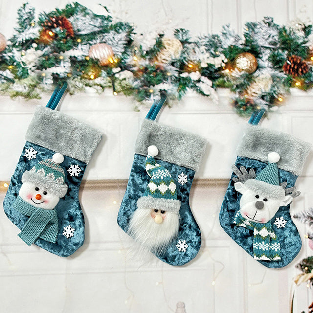 Blue Christmas Socks Party Set – Reindeer, Santa & Snowman Doll Gift Bags for Holiday Parties, Xmas Decorations, Festive Supplies & New Year Gifts
