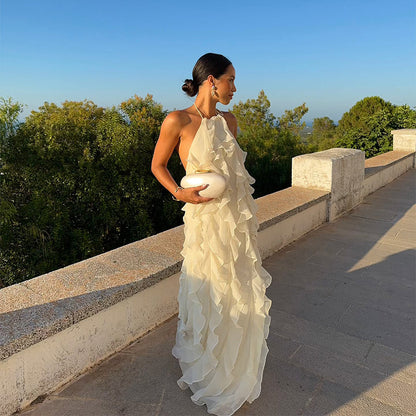 Elegant Off-Shoulder White Backless Ruffle-Edge Maxi Dress – Loose Summer Beach Outfit for Women, Flowy Party Vacation Fashion Robe
