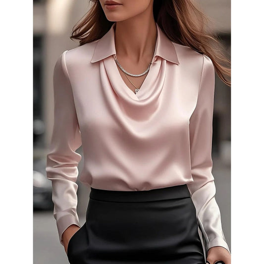 Women’s Satin Draped Blouse – Elegant Swing Collar Long Sleeve Office Top for Casual Work and Spring Fashion