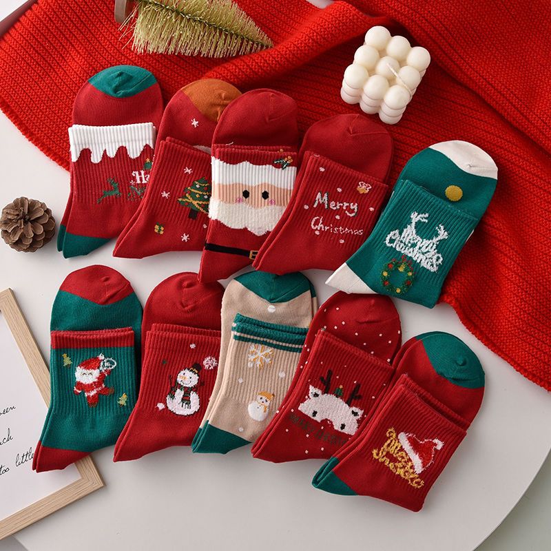 Cotton Christmas Socks Ornament Set – Pairs Santa & Reindeer Pattern Socks for Kids & Adults, Xmas Gifts, New Year Party Decorations