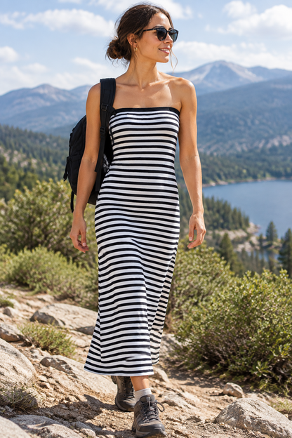 Striped Knit Strapless Maxi Dress – Sexy Backless A-Line Summer Gown for Women, Holiday Parties, Vacations and Chic Streetwear Styling
