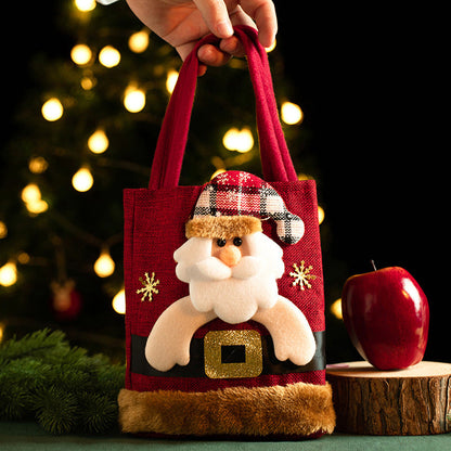 Christmas Linen Gift Bag for Kids - Candy Storage Handbag with Santa Claus Design, New Year Apple Bag for Xmas Eve and Holiday Party Gifts