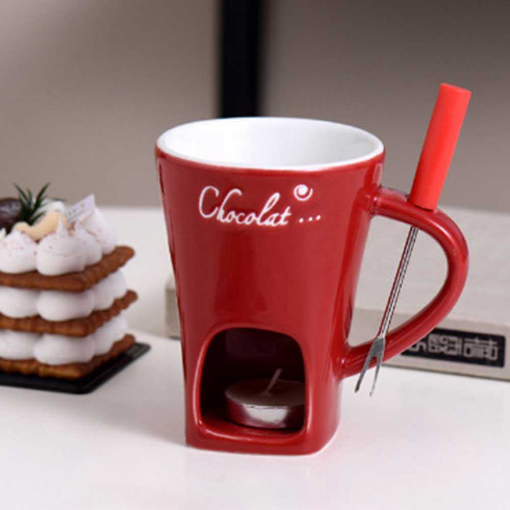 Ceramic Chocolate Fondue Cup – 130ml European Style Heating Mug with Fork for Cheese, Coffee, and Party Desserts