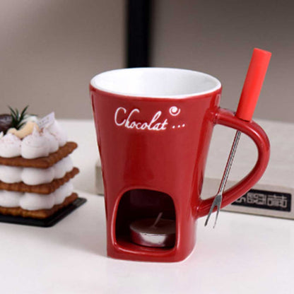 Ceramic Chocolate Fondue Cup – 130ml European Style Heating Mug with Fork for Cheese, Coffee, and Party Desserts