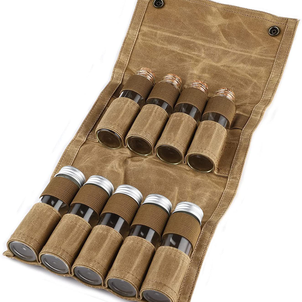 Camping Seasoning Bag Set – 9-Piece Canvas Jar Organizer for Spices, Barbecue Essentials and Picnic Condiments with Portable Outdoor Storage